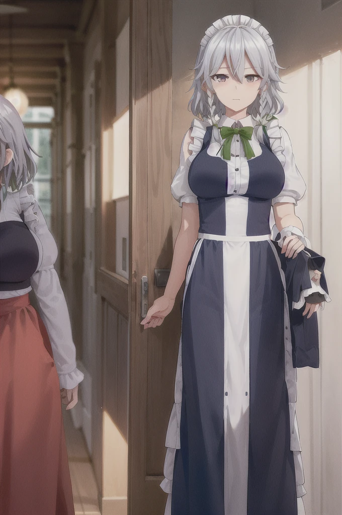 Sakuya Izayoi looking stressed as part of her head is turning into Reimu Hakurei's. Reimu's head would be with brown hair, brown eyes. So Sakuya's head would have one blue eye, and one brown eye, as part of her hair remains silver, but the other is turning brown