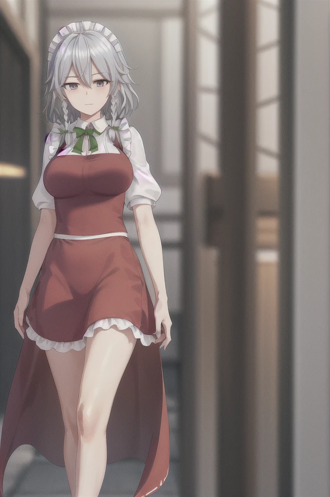 Sakuya Izayoi looking stressed as part of her head is turning into Reimu Hakurei's. Reimu's head would be with brown hair, brown eyes. So Sakuya's head would have one blue eye, and one brown eye, as part of her hair remains silver, but the other is turning brown