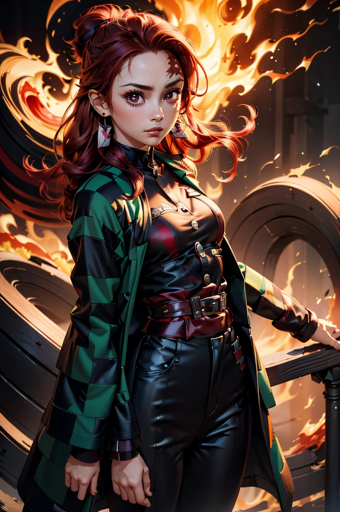 (masterpiece), best quality, expressive eyes, perfect face, highres, (female1.5), 1 girl, solo,(Tanjiro), (OriginalOutfit), (Scar,Scar on forehead, Checkered Clothes, 1Girl, Red Hair), (long red hair),(black and green plaid coat),(black pants), fantasy background, standing, upper body portrait, looking at the viewer,