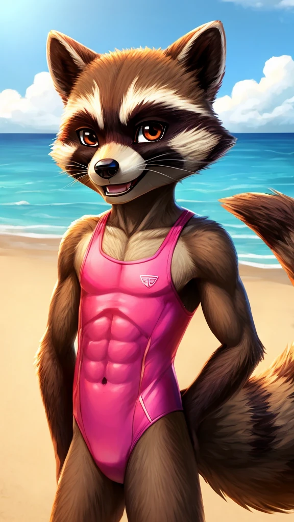 Rocket Raccoon. skinny boy with abs. cute wearing pink fitted swimsuit. at the beech. smiling. Furry