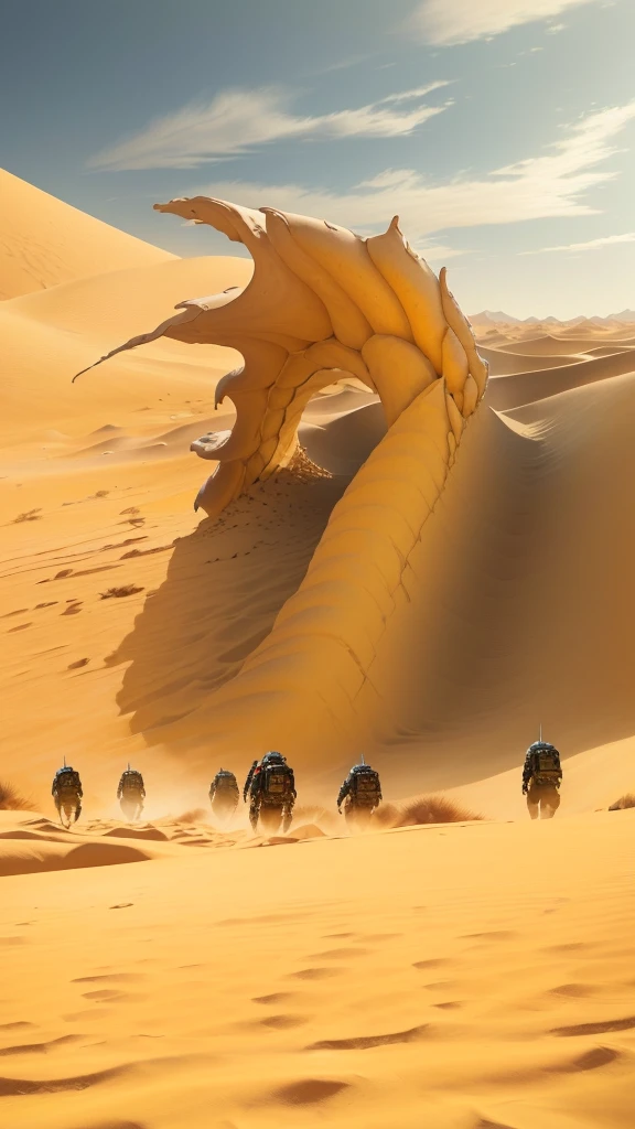 巨型sandworm在追杀人群, aliens arriving dune, Sand desert fantasy, sandworm, dune style, detailed painting of dune movie, Alien desert, in dune, dune, jodorwoski's dune, beeple 和 Jean Giraud, walking in a desert, Twisted desert, in the movie dune