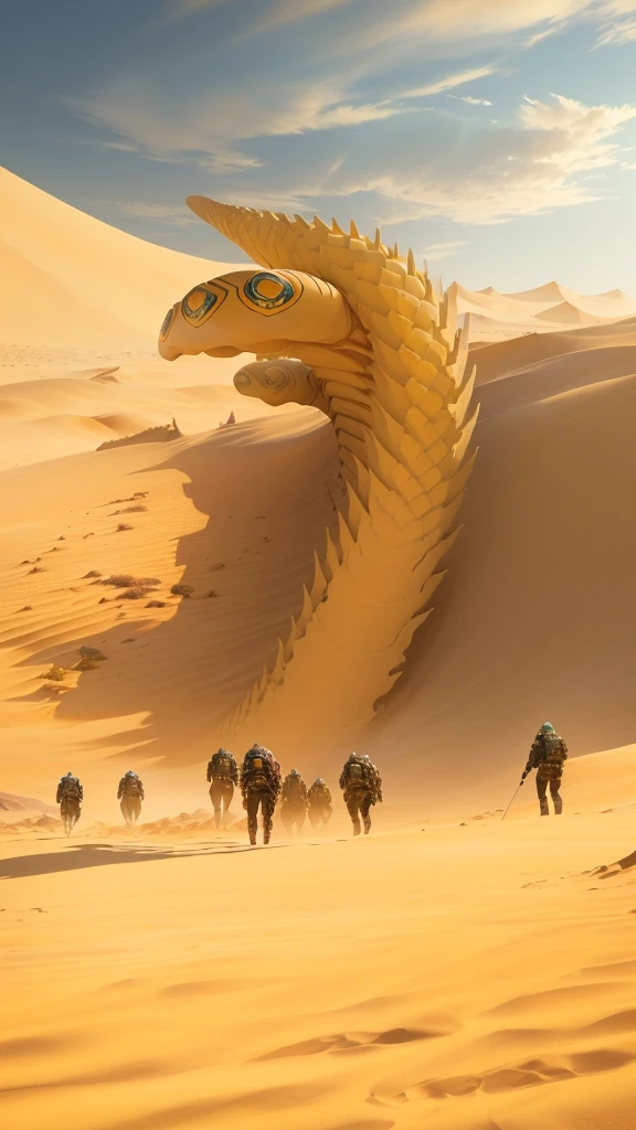 巨型sandworm在追杀人群, aliens arriving dune, Sand desert fantasy, sandworm, dune style, detailed painting of dune movie, Alien desert, in dune, dune, jodorwoski's dune, beeple 和 Jean Giraud, walking in a desert, Twisted desert, in the movie dune