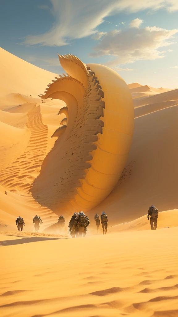 巨型sandworm在追杀人群, aliens arriving dune, Sand desert fantasy, sandworm, dune style, detailed painting of dune movie, Alien desert, in dune, dune, jodorwoski's dune, beeple 和 Jean Giraud, walking in a desert, Twisted desert, in the movie dune