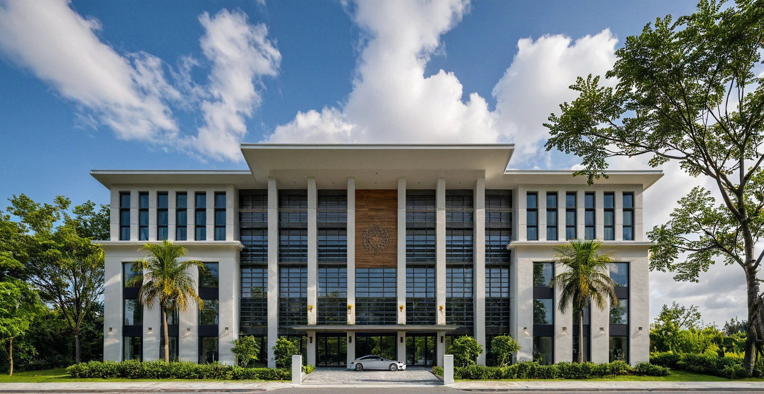 Masterpiece, high quality, best quality, authentic, super detail, outdoors, onestoreyvillaXL, aiaigroup, house style modern on the street ,stairs, white wall ,road,pavement, grass, trees, sky, cloud, (daylight:1.1)
