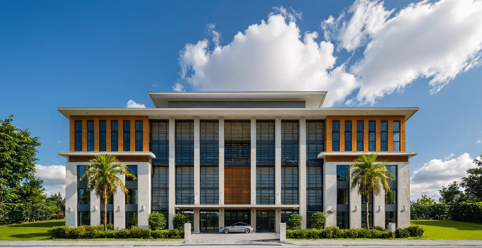 Masterpiece, high quality, best quality, authentic, super detail, outdoors, onestoreyvillaXL, aiaigroup, house style modern on the street ,stairs, white wall ,road,pavement, grass, trees, sky, cloud, (daylight:1.1)