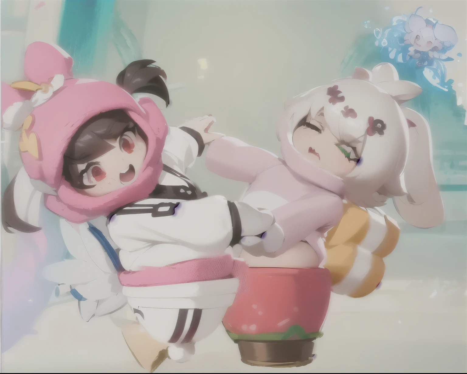 Black and White,sketch,Brushstrokes,There are two little dolls flying in the sky, You are hungry, Kawaii HD Rendering, Official Artwork, Inspired by Pu Hua, Pink Iconic Character, Official ink art, Official Art, Medium shot of two characters, Ink art brawlstars, John Parker, Nixon and Sakimchan, Inspired by Wang Duo, Fighting Game Characters, From Overwatch, Width