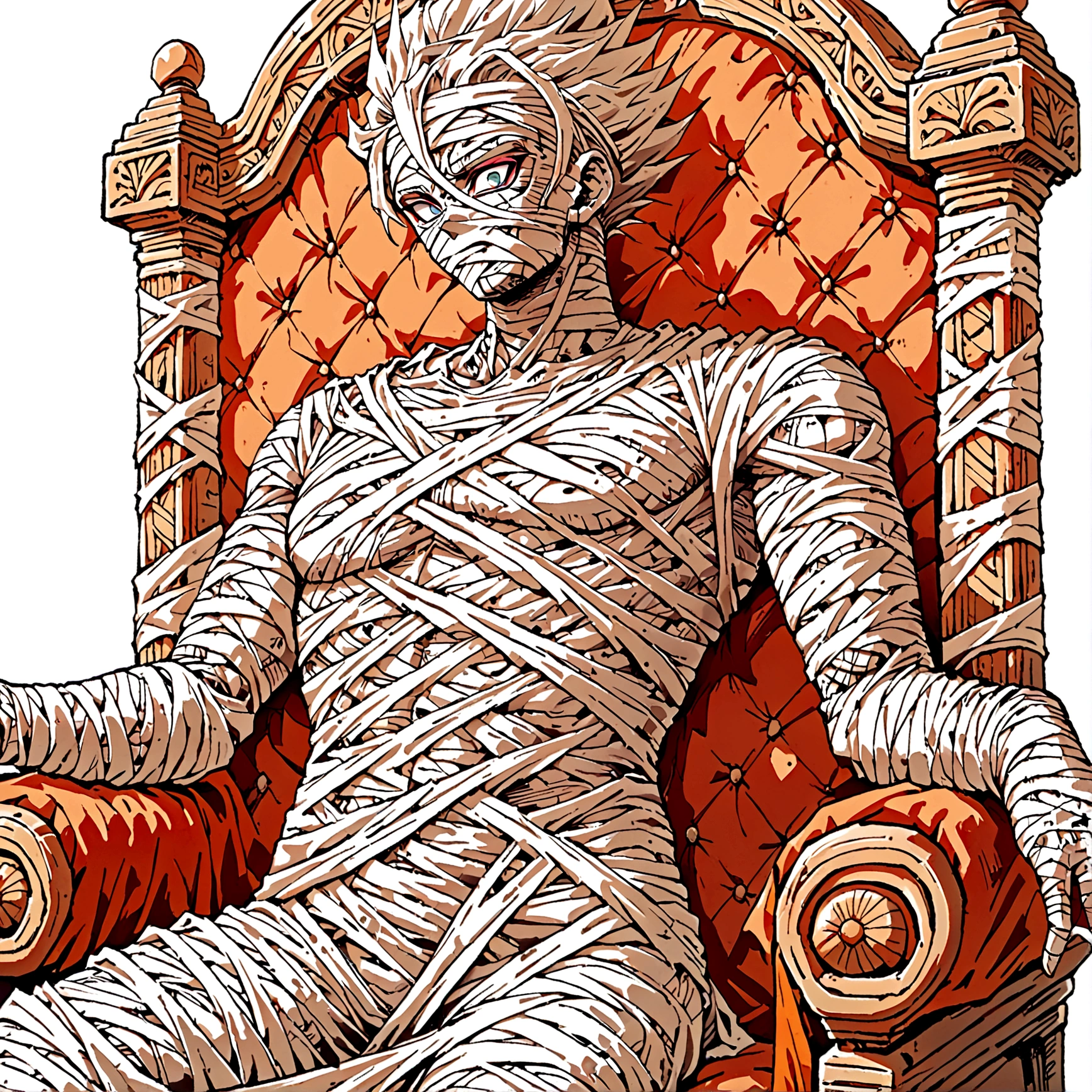 Male Mummy sitting on throne made of clouds , front perspective