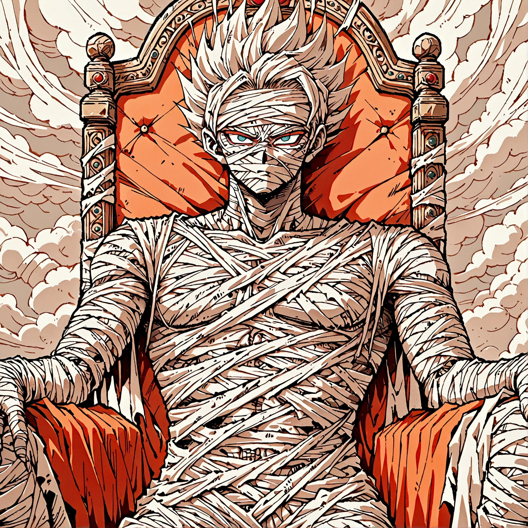 Male Mummy sitting on throne made of clouds , front perspective 