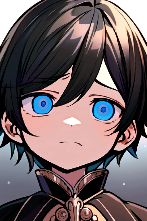 Little boy with black hair, with blue eyes and a disinterested expression