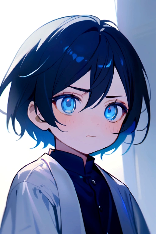 Little boy with black hair, with blue eyes and a disinterested expression