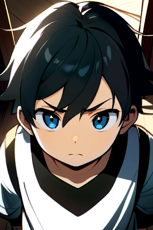 with black hair, with blue eyes and a disinterested expression