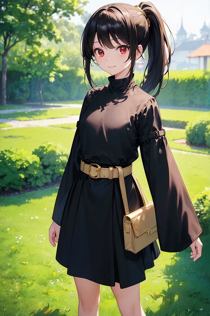 (masterpiece; best quality: 1.2), (finely detailed eyes: 1.3), ((10 year old female kid)), ((solo)), (red eyes: 1.4), (body; short, slender, small breasts: 1.3), (black hair in ponytail: 1.3), (beautiful and clear background: 1.2), ((depth of field)), (clothes: wanderer mage attire + white-and-gold wide-sleeve high-neck shirt + long black skirt + belts + traveler pouches and satchel: 1.3), (anime illustration: 1.2), (background; garden exterior: 1.1), (extremely fine and beautiful: 1.1), (shot composition; standing + centered on torso + close-up: 1.5), (expression; calm, smile: 1.2)