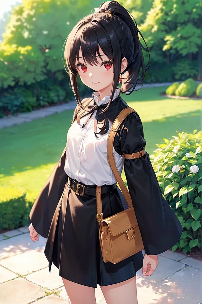 (masterpiece; best quality: 1.2), (finely detailed eyes: 1.3), ((10 year old female ???)), ((solo)), (red eyes: 1.4), (body; short, slender, small breasts: 1.3), (black hair in ponytail: 1.3), (beautiful and clear background: 1.2), ((depth of field)), (clothes: wanderer mage attire + white-and-gold wide-sleeve high-neck shirt + long black skirt + belts + traveler pouches and satchel: 1.3), (anime illustration: 1.2), (background; garden exterior: 1.1), (extremely fine and beautiful: 1.1), (shot composition; standing + centered on torso + close-up: 1.5), (expression; calm, smile: 1.2)