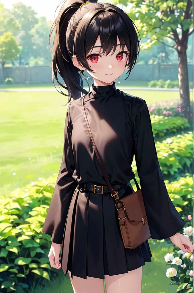 (masterpiece; best quality: 1.2), (finely detailed eyes: 1.3), ((10 year old female kid)), ((solo)), (red eyes: 1.4), (body; short, slender, small breasts: 1.3), (black hair in ponytail: 1.3), (beautiful and clear background: 1.2), ((depth of field)), (clothes: wanderer mage attire + white-and-gold wide-sleeve high-neck shirt + long black skirt + belts + traveler pouches and satchel: 1.3), (anime illustration: 1.2), (background; garden exterior: 1.1), (extremely fine and beautiful: 1.1), (shot composition; standing + centered on torso + close-up: 1.5), (expression; calm, smile: 1.2)