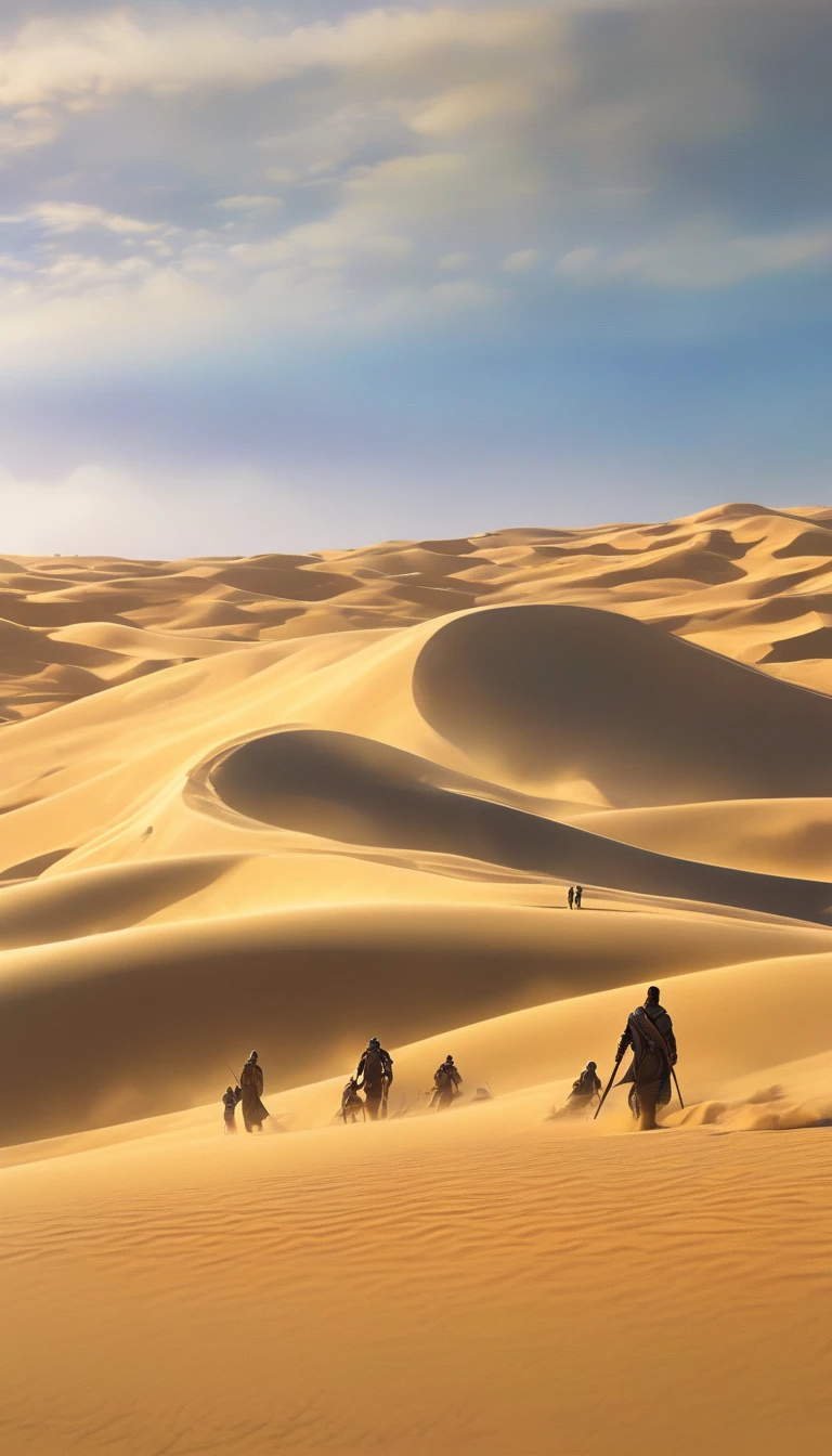 a giant sand worm chasing a group of people fleeing in the desert, extremely detailed, highly detailed, hyper realistic, 8K, photorealistic, cinematic lighting, dramatic lighting, stunning colors, vivid colors, warm color palette, volumetric lighting, cinematic composition, dynamic action pose, dramatic angle, intricate details, masterpiece, award winning, Dune style, detailed painting of dune movie