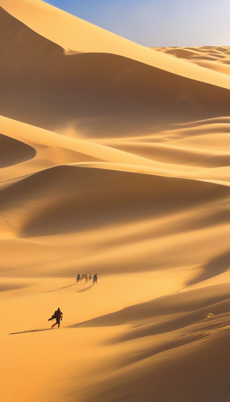 a giant sand worm chasing a group of people fleeing in the desert, extremely detailed, highly detailed, hyper realistic, 8K, photorealistic, cinematic lighting, dramatic lighting, stunning colors, vivid colors, warm color palette, volumetric lighting, cinematic composition, dynamic action pose, dramatic angle, intricate details, masterpiece, award winning, Dune style, detailed painting of dune movie