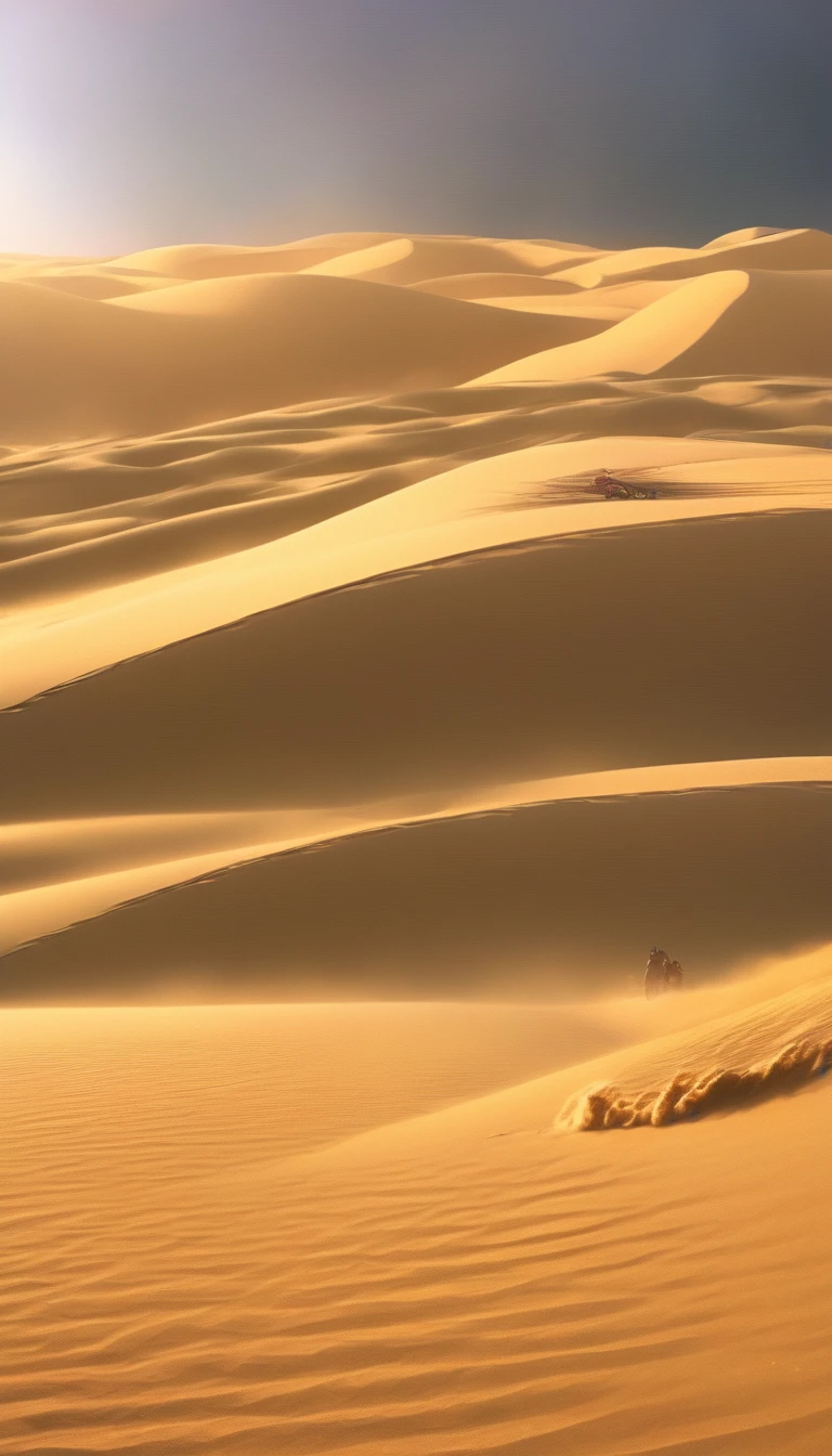 a giant sand worm chasing a group of people fleeing in the desert, extremely detailed, highly detailed, hyper realistic, 8K, photorealistic, cinematic lighting, dramatic lighting, stunning colors, vivid colors, warm color palette, volumetric lighting, cinematic composition, dynamic action pose, dramatic angle, intricate details, masterpiece, award winning, Dune style, detailed painting of dune movie