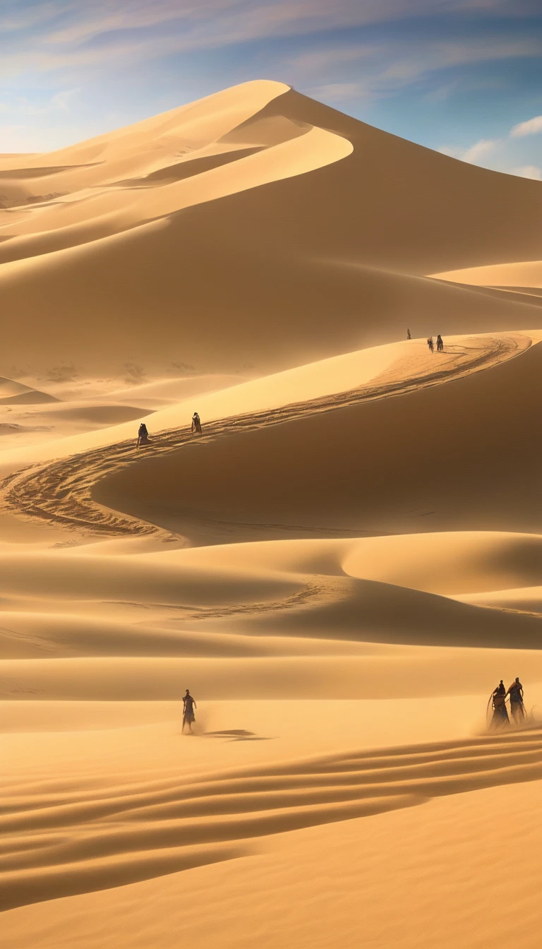 a giant sand worm chasing a group of people fleeing in the desert, extremely detailed, highly detailed, hyper realistic, 8K, photorealistic, cinematic lighting, dramatic lighting, stunning colors, vivid colors, warm color palette, volumetric lighting, cinematic composition, dynamic action pose, dramatic angle, intricate details, masterpiece, award winning, Dune style, detailed painting of dune movie