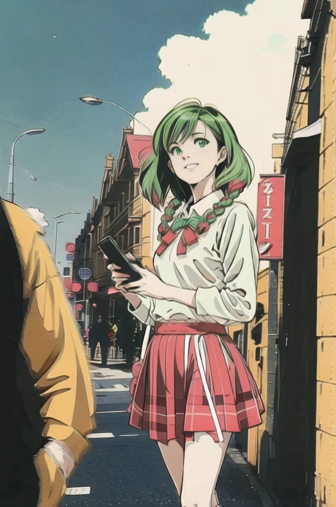 Volume hair, soft hair, emerald green hair and pink inner color, wavy hair, gradation hair, green hair, side braids, wavy hair, two side up, cloud hair, emerald green eyes, high school girl, Cheerful and active, blonde clip, loose socks, plaid skirt, holding smartphone, on the street, (best) quality, 4K, 8K, high resolution, masterpiece: 1.2), ultra-definition, bright colors, soft lighting