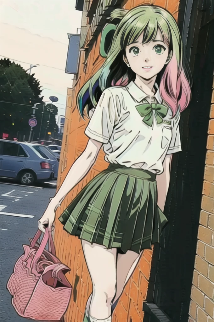 Volume hair, soft hair, emerald green hair and pink inner color, wavy hair, gradation hair, green hair, side braids, wavy hair, two side up, cloud hair, emerald green eyes, high school girl, Cheerful and active, blonde clip, loose socks, plaid skirt, holding smartphone, on the street, (best) quality, 4K, 8K, high resolution, masterpiece: 1.2), ultra-definition, bright colors, soft lighting