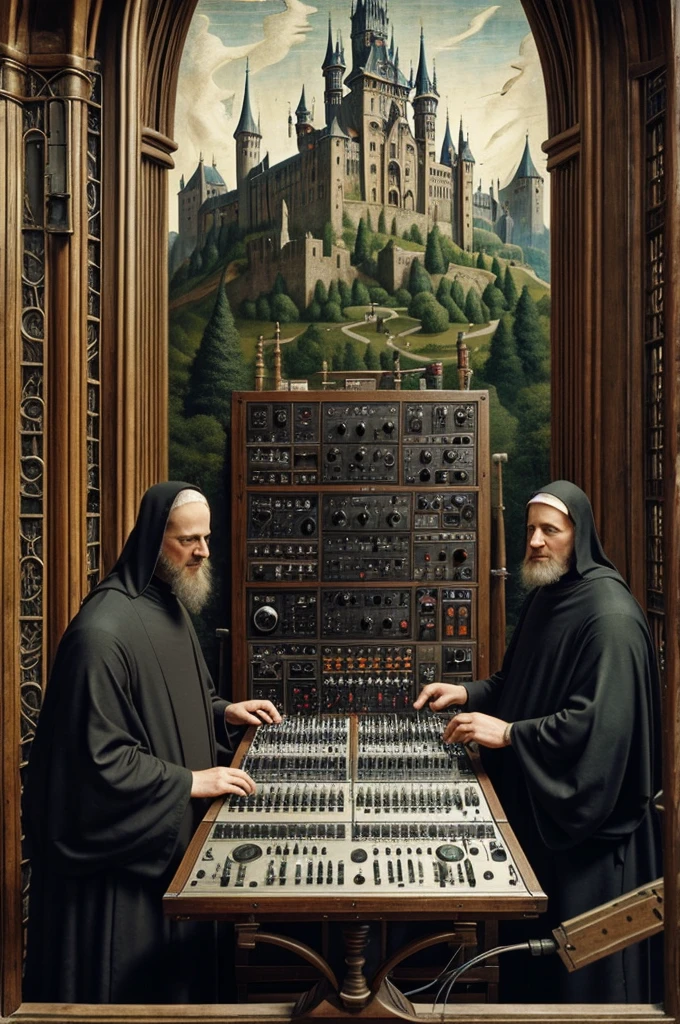 antique image of a big rack full of controls, gadgets, lights and wires and three medieval
monks wearing hood playing a synthesizer, with only one castle in the background, hieronymus bosch style, three medieval monks wearing hood, huge console full of controls and wires, three medieval monks, masterpiece