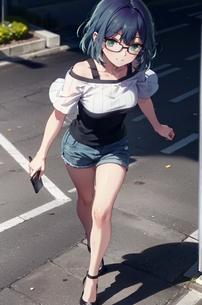 akanekurokawa, akane kurokawa, bangs, (Green Eyes:1.3), Blue Hair, Medium Hair, dark Blue Hair,smile,Black-rimmed glasses,Cold shoulder tops,Short sleeve,Shorts,Stiletto heels,Walking,Daytime,Clear skies,whole bodyがイラストに入るように,
break outdoors, School,courtyard,
break looking at viewer, whole body,
break (masterpiece:1.2), Highest quality, High resolution, unity 8k wallpaper, (figure:0.8), (Beautiful attention to detail:1.6), Highly detailed face, Perfect lighting, Highly detailed CG, (Perfect hands, Perfect Anatomy),