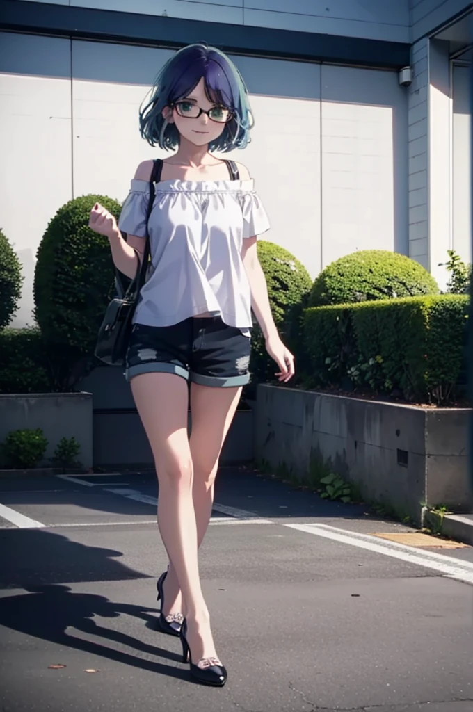 akanekurokawa, akane kurokawa, bangs, (Green Eyes:1.3), Blue Hair, Medium Hair, dark Blue Hair,smile,Black-rimmed glasses,Cold shoulder tops,Short sleeve,Shorts,Stiletto heels,Walking,Daytime,Clear skies,whole bodyがイラストに入るように,
break outdoors, School,courtyard,
break looking at viewer, whole body,
break (masterpiece:1.2), Highest quality, High resolution, unity 8k wallpaper, (figure:0.8), (Beautiful attention to detail:1.6), Highly detailed face, Perfect lighting, Highly detailed CG, (Perfect hands, Perfect Anatomy),