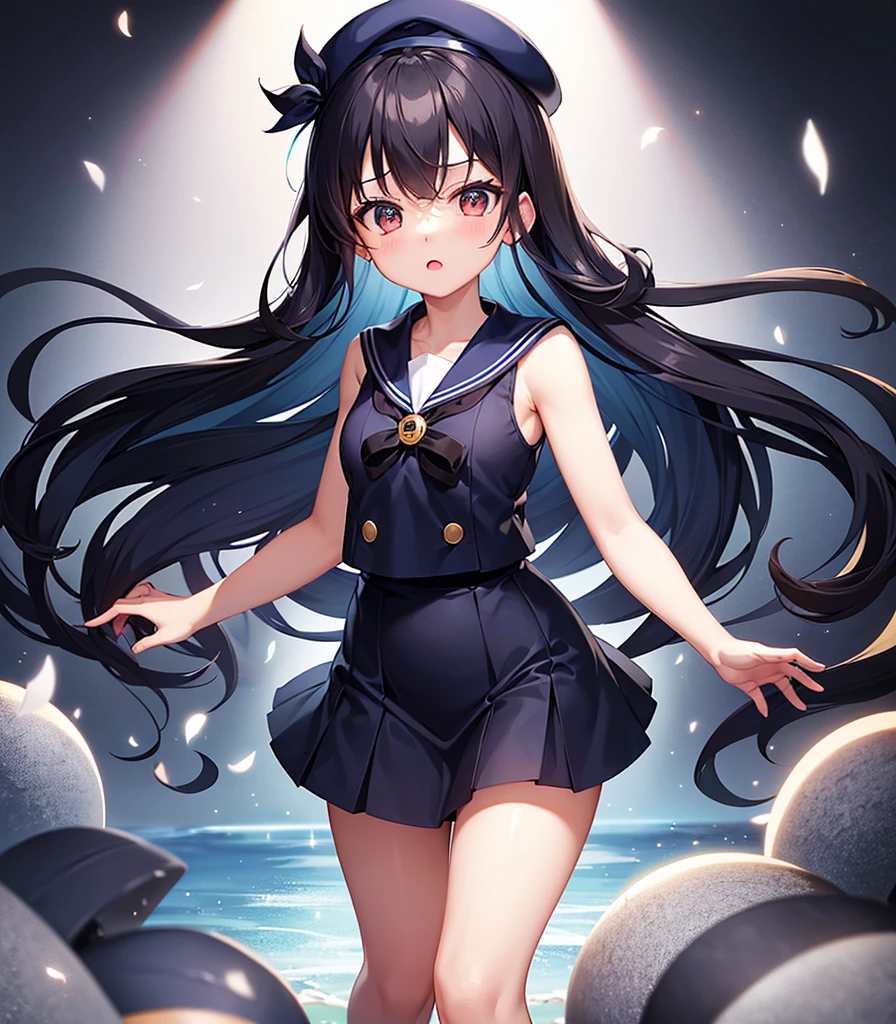 (Sailor suit),(((Navy Mini Skirt))),Revealing clothing,In a naughty way,beret,,Cute little loli,Tiny Lori,Small girl,,Childish face, Very fine clean face,Top quality, Big eyes,Straight Hair,Yellow hair,Crimson Eye,(Dark Room), Subtle light, Natural light,Soft lighting,Light from directly behind, (Are standing), Cute pose, (Open your hands), Showing the whole body,Front view,Black background