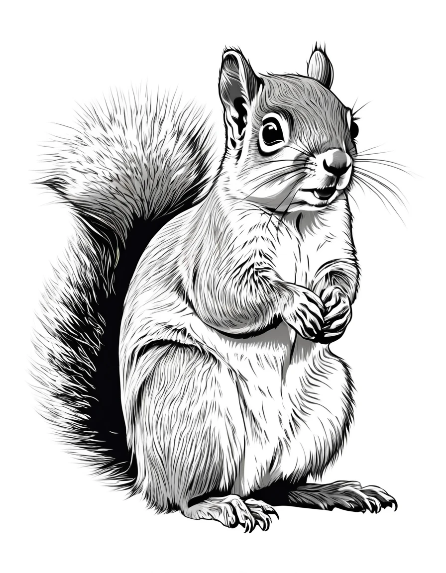 Cute squirrel, white background, line drawing illustration