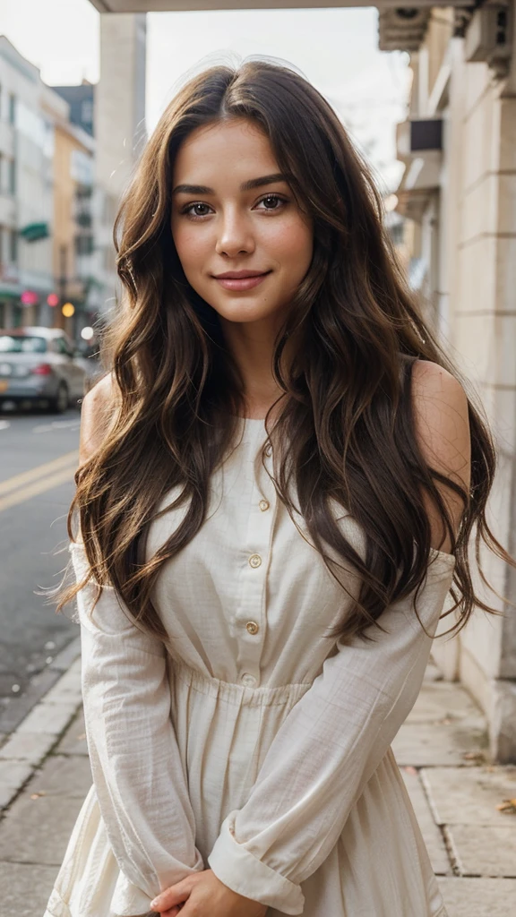 Photorealistic, ultra-detailed, Brunette woman with long wavy hair (cascading over her shoulders), Natural makeup, Subtle smile, Warm, blurred background, Soft, glowing light, Casual yet polished look, Friendly and approachable demeanor This image showcases a beautiful brunette woman, captivatingly depicted with long, wavy locks that cascade gracefully over her shoulders. she's intimately engaged in taking a selfie, reflecting her fashionable attire and natural makeup. Her appearance exudes a calm, subtle charm, with a gentle smile playing on her lips
