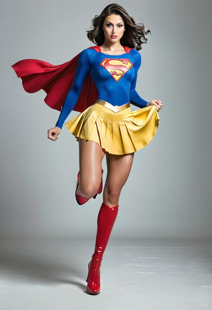 Female, Slim Super woman, comic book, super hero, Superman logo on cheat, blue and red super hero outfit, yellow skirt, strong legs