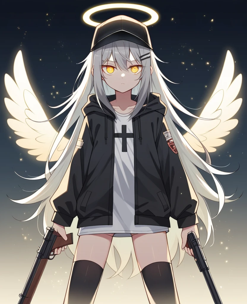 Depth of written boundary, Movie angle, masterpiece, Highest quality, Very detailed, CG, 8k wallpaper, Pretty face, Delicate eyes, country々, alone, 白いLong Hair, Yellow Eyes, hairpin, White shirt, black hooded jacket, Black baseball cap, Black Stockings, Black knee-high boots, Urban area,NSFW,(masterpiece, Highest quality:1.3), (Super detailed:1.3), One girl, alone, (Gray Hair, Messy Hair, Long Hair), (Angel Wings, Angel Halo), Flat Chest, Yellow Eyes,Expressionless,Cowboy Shot, Cinema Lighting, (((Glowing light particles))), (Put your arms behind your back), Dynamic Angle,Character portrait,Possess a lever action shotgun,