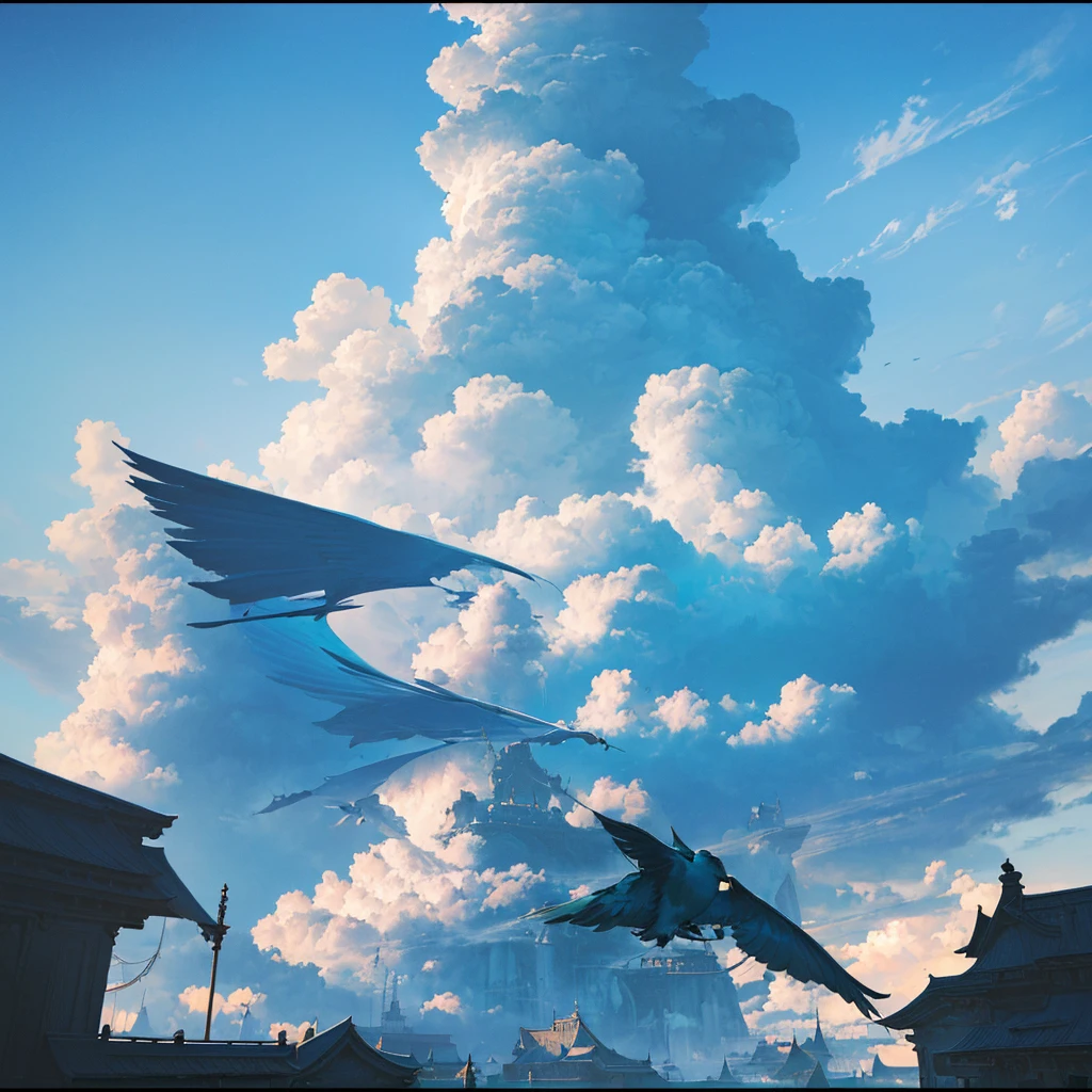 (best quality,4k,8k,highres,masterpiece:1.2),ultra-detailed,(realistic,photorealistic,photo-realistic:1.37),fantasy style,cartoon art,beautiful blue sky,birds flying,fluffy clouds,striking colors,dramatic lighting,serene atmosphere,(vibrant colors:1.1),(dynamic composition:1.1)