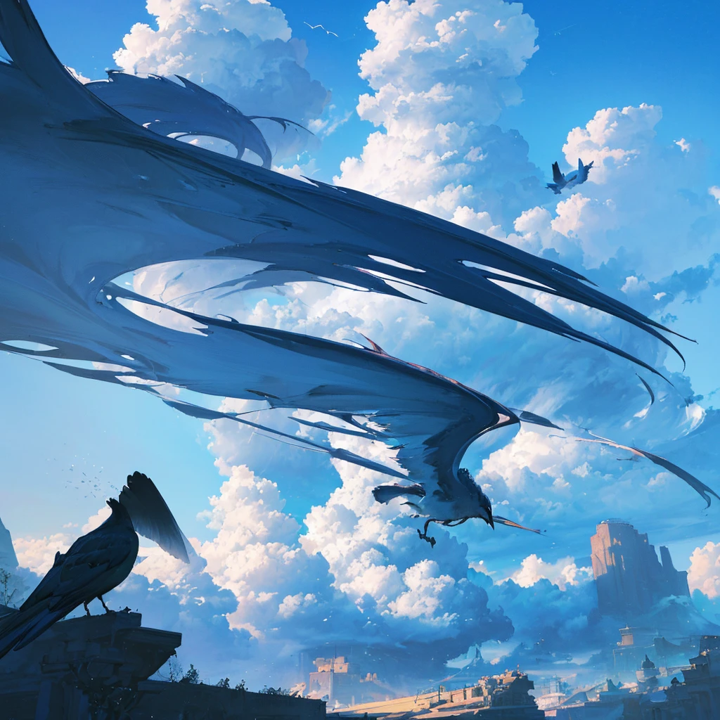 (best quality,4k,8k,highres,masterpiece:1.2),ultra-detailed,(realistic,photorealistic,photo-realistic:1.37),fantasy style,cartoon art,beautiful blue sky,birds flying,fluffy clouds,striking colors,dramatic lighting,serene atmosphere,(vibrant colors:1.1),(dynamic composition:1.1)