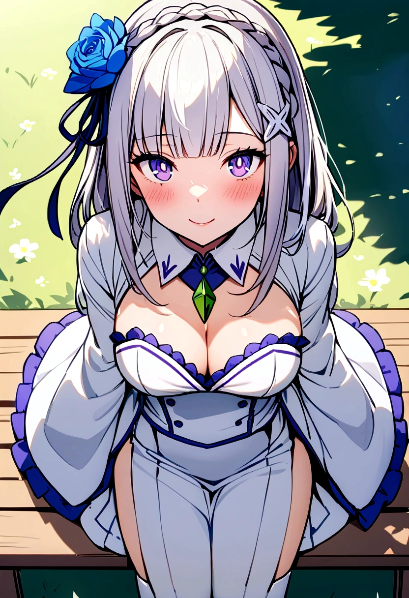 masterpiece, 1girl, Emilia, blunt bangs, long hair, crown braid,
white dress, detached collar, wide sleeves, x hair ornament, hair flower, hair ribbon, white thigh boots, cleavage, purple frills, pleated_white_skirt
sitting on bench, garden, arms at sides,
looking at viewer, (smile:1.2), blush, from above,