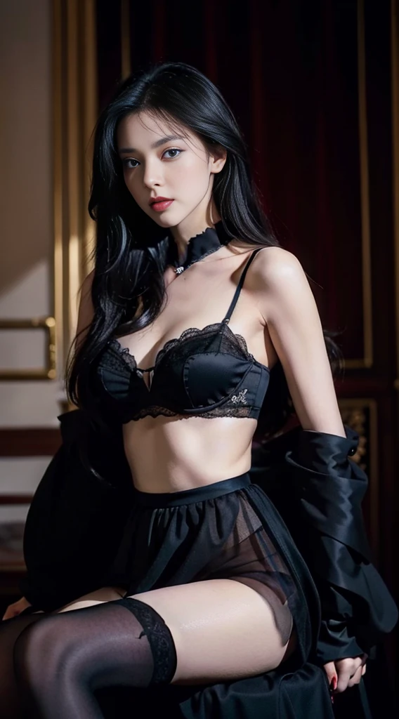 1 European and American beauty: Royal Sister,beautiful vampire,Wear a black tulle bra,He wore a black and white papal gown..,hot and sexy body,long flowing hair,Wear black stockings,thin limbs,snow white skin,There is light in the eyeelon seed face,blazing red lipake provocative and seductive gestures,Curly hair,Sitting on the throne,Purple head big,Enchanting and fascinating,blue eyes,Overwhelming side leakage,double eyelid