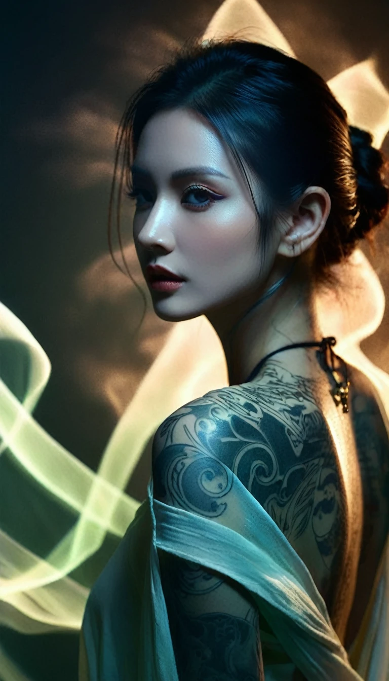 Double Exposure Style,Volumetric Lighting,a girl (Supermodel) with Wrap top,arching her back, beautiful tattoo, Traditional Attire,Artistic Calligraphy and Ink,light depth,dramatic atmospheric lighting,Volumetric Lighting,double image ghost effect,image combination,double exposure style,