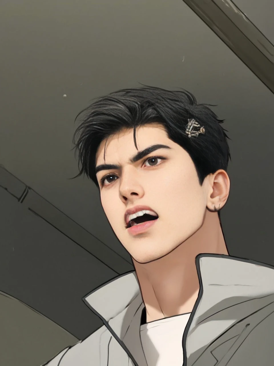 masterpiece, 1boy, adult, handsome, black hair, undercut hair, perfect face, detailed eyes and face, black eyes, clean shaved, muscular, capturing a rural atmosphere, dynamic lighting, unreal engine 5, jacket, angry