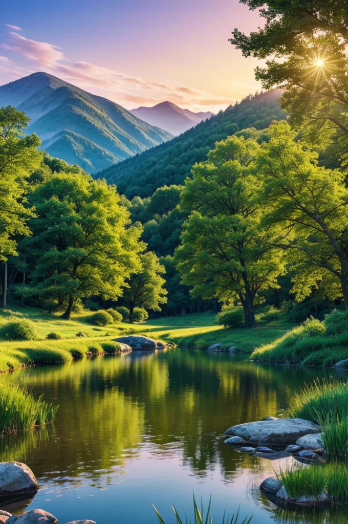 Illustrate a serene peaceful nature scene in summer. This scene inspires peace,awe,and tranquility.vivid beautiful colours.photorealistic 8k