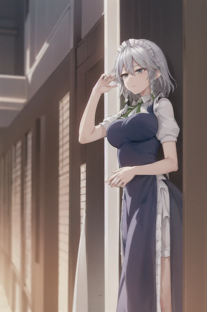 Sakuya Izayoi looking stressed as part of her head is turning into Reimu Hakurei's. Reimu's head would be with brown hair, brown eyes. So Sakuya's head would have one blue eye, and one brown eye, as part of her hair remains silver, but the other is turning brown