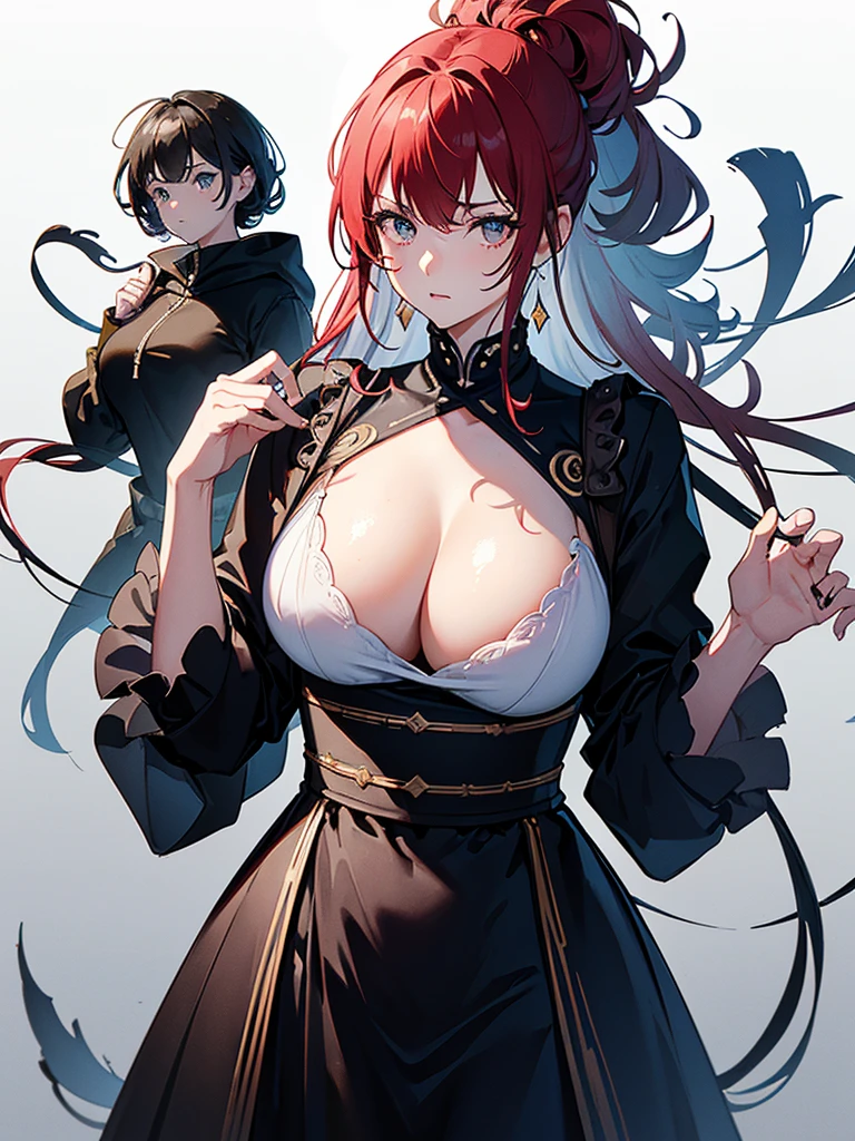 Black hood, alone, (masterpiece:1.2, Highest quality),(Colored Background) (Beautiful details: 1.2), (Very detailedな CG Unity 8k 壁紙, masterpiece, Highest quality, Very detailed, Best Shadow), (Detailed Background) ,Rapier in one hand, I was wearing long pants, poor eyesight、expensive, Toned body, Wine red hair, one big woman,Updo, Nervous,Cowboy Shot, sketch (Character design sheet, same characters, whole body, Three-View, front, ~ ~ ~ side, return),(Very bright:1.1), White Background, [1 Girl:7], (Tilt your head:1.2), ([sketch|watercolor \(Moderate\)]:1.15), (Ink blotches:1.1), (pale:1.2), Chaotic Abstract Background, Vector Trace, Gradient Blending, Bright colors, that'wonderful, Very detailed, Complex, (Very low contrast:1.4)