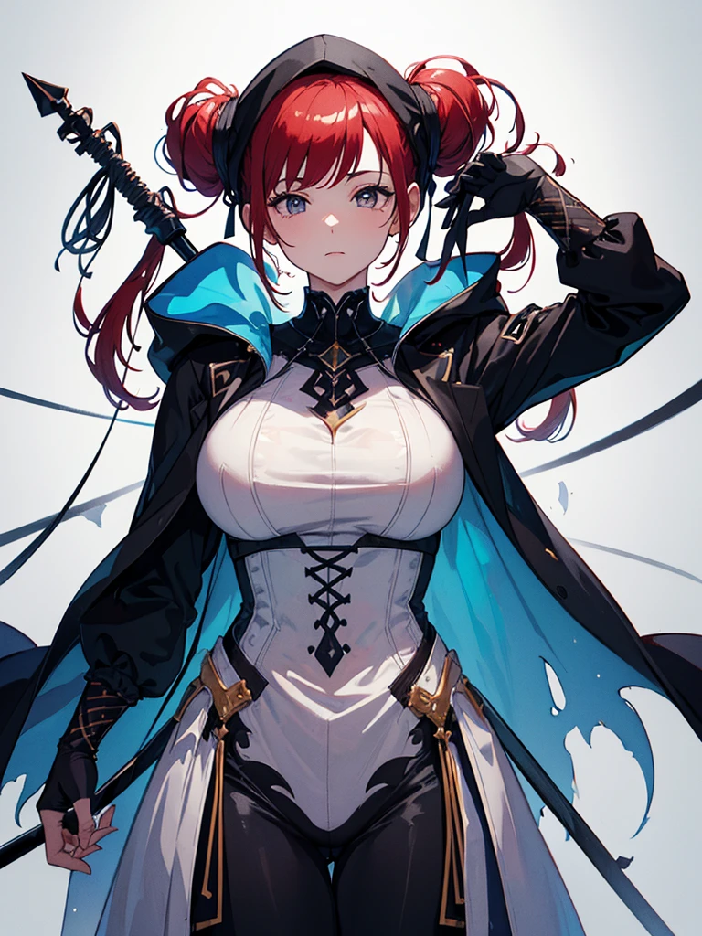 1girl, light blue eyes, orange hair, giant mace, powerful warrior, beautiful clothes, (high resolution, high detail, best quality), big breasts, thigh high, sluggish, white background