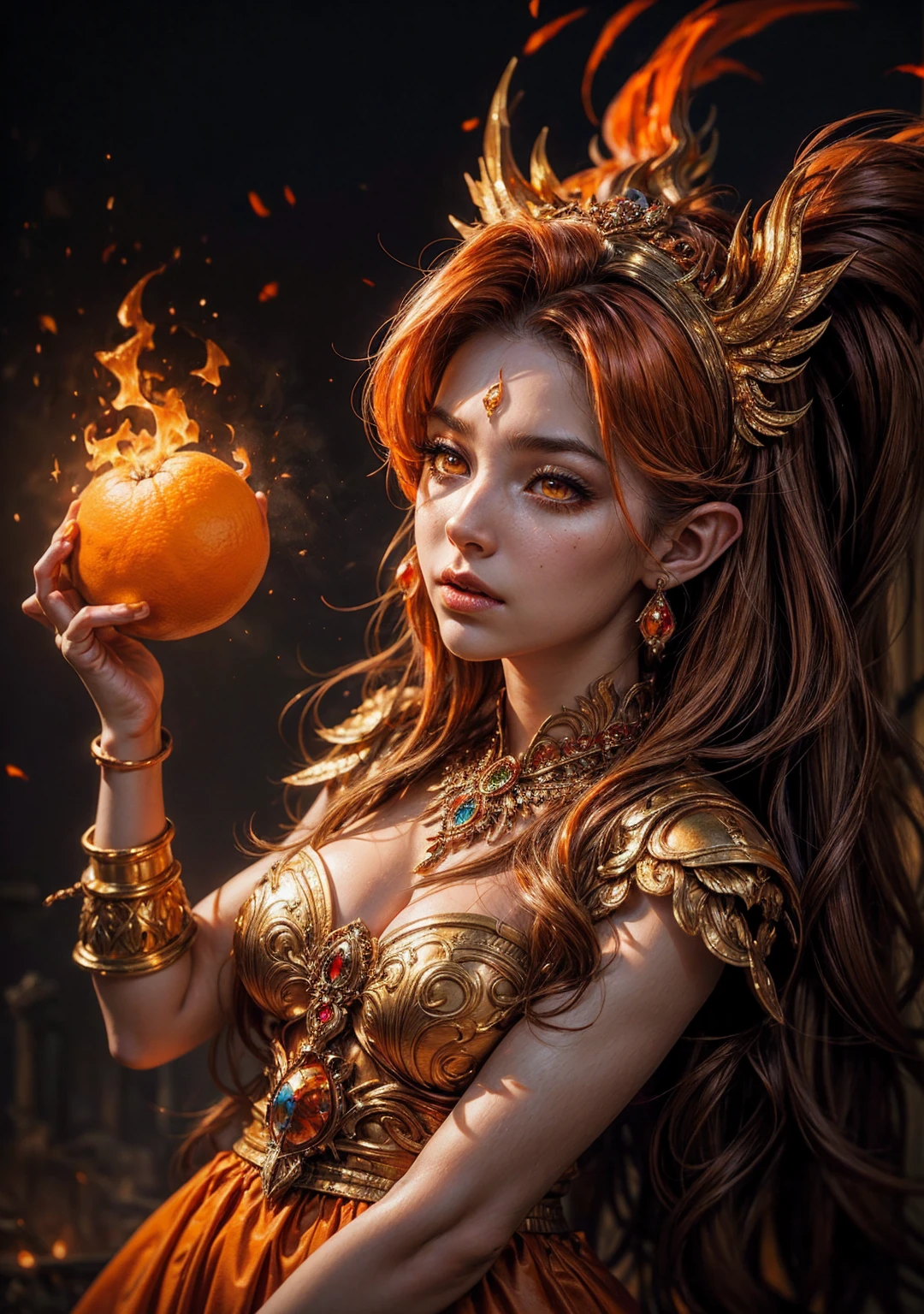 It is (realistic fantasy) el arte withtiene brasas, real flames, real heat, and realistic fire. Generate a masterpiece artwork of a  female fire druid with large (((orange and gold))) eyes. The fire druid is awe-inspiring with beautiful ((Realistic burning eyes)) alight with withfidence and power. His features are elegant and well defined.., with ((Soft and swollen lips)), elven bone structure, and realistic shading. ((Extremely realistic details, Macro details, and shine.)) She wears a billowing, shimmering dress made of realistic flames and jewels that sparkle in the firelight... Wisps of fire and smoke border the dress&#39;s intricate bodice.. Include bumps, stones, burning iridescence, glowing embers, silk &amp; satin &amp; leather, an interesting background, and heavy fantasy elements. camera: Use dynamic compositing techniques to enhance realistic flames., long blond hair