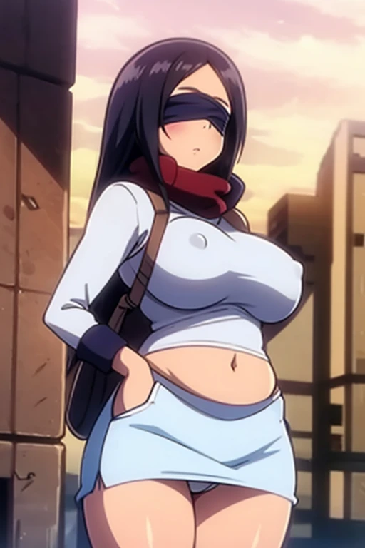 tennis girl, fat erect nipples out bare, wearing oven mittens tucked in pockets, blindfold