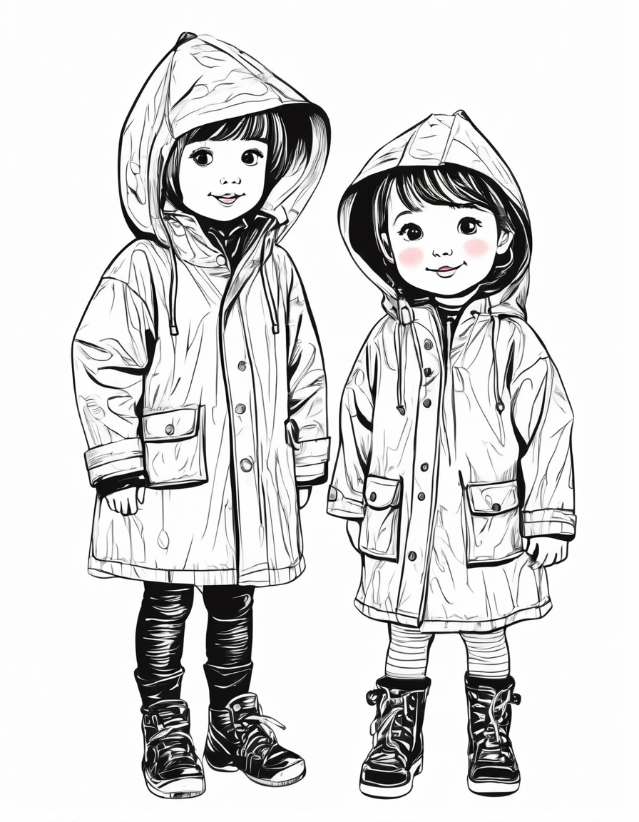 Girl and boy in cute raincoat, white background, line drawing illustration