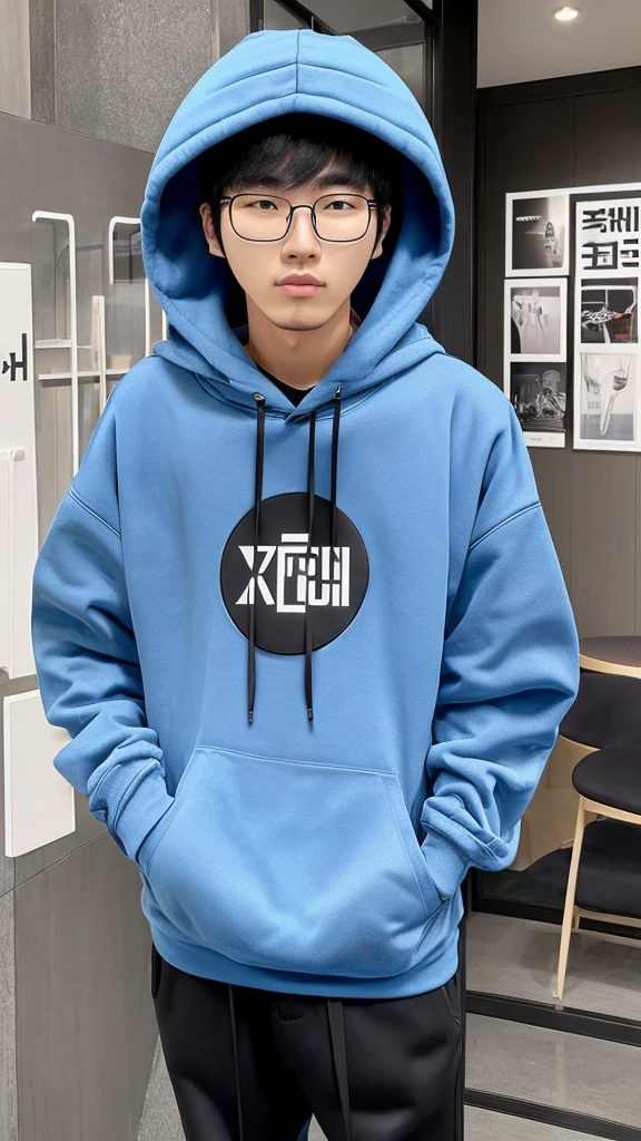 21 year old seoul boy, he is ((oversized xxl blue plain hoodie)), wearing black Trousers, wearing sneakers, wearing glasses, fully body, (he is 한국 머리카락입니다) Korean style, walking, buzz Hairstyle 