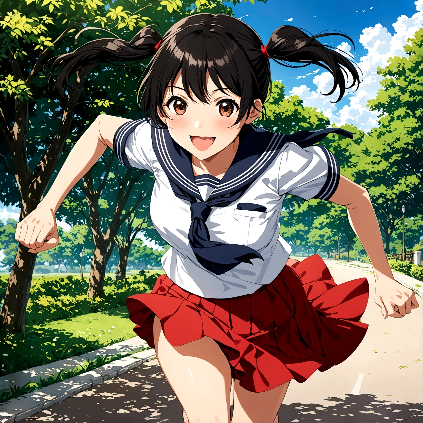 2d, masterpiece, best quality, anime, highly detailed, 1 , solo, brown eyes, black hair, pig tails, looks happy, sailor uniform, neck tie, red skirt, running, :d, outside