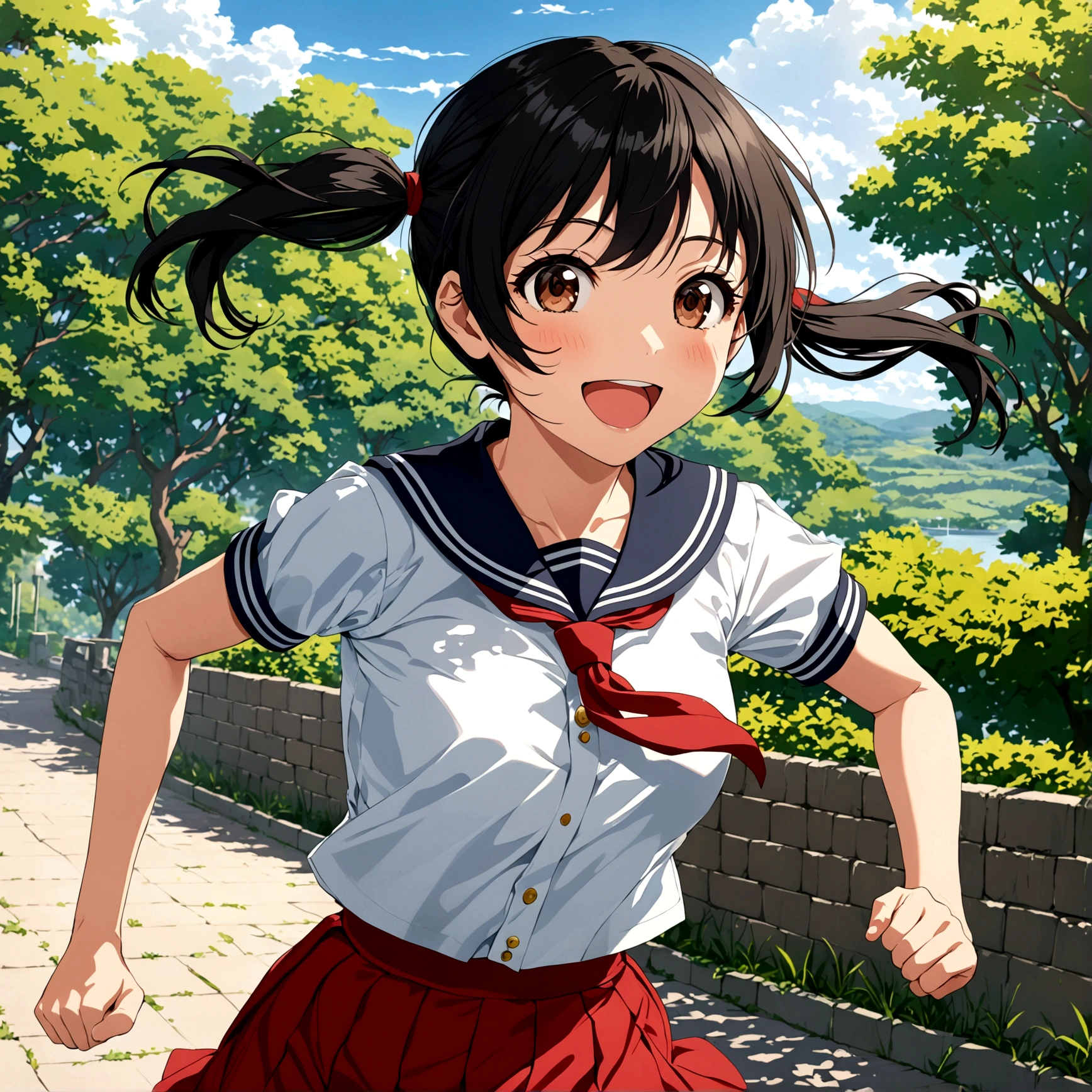 2d, masterpiece, best quality, anime, highly detailed, 1 , solo, brown eyes, black hair, pig tails, looks happy, sailor uniform, neck tie, red skirt, running, :d, outside