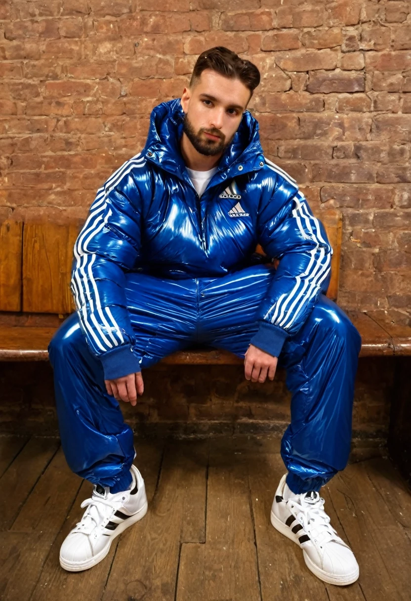 Graffiti urban style, portrait of medium body of two:chav guys handsome 30 year old Chavs,muscular and athletic,having a beer inside a bar in London, more scally men in the background, with beard, full blue elecetric leather cap "adidas" in yellow shiny latex tracksuit with three red stripes on the sides++, ((low angle)), legs apart, dynamic pose, wearing a super inflated huge shiny black puffer jacket "Adidas",Extremely Realistic,depth of field:1.4, adidas tracksuit, detailed hand+, detailed hands+, perfect hand+, perfect hands+, masterpiece face+, masterpiece hands++, detaled hands, perfect hand, perfect body, realistic, ultra textured skin, ultra textured cloth+, super ultra textured materials+, small details corrected, highly textured skin+, textured clothing+, perfect hands+, hands without fused fingers+