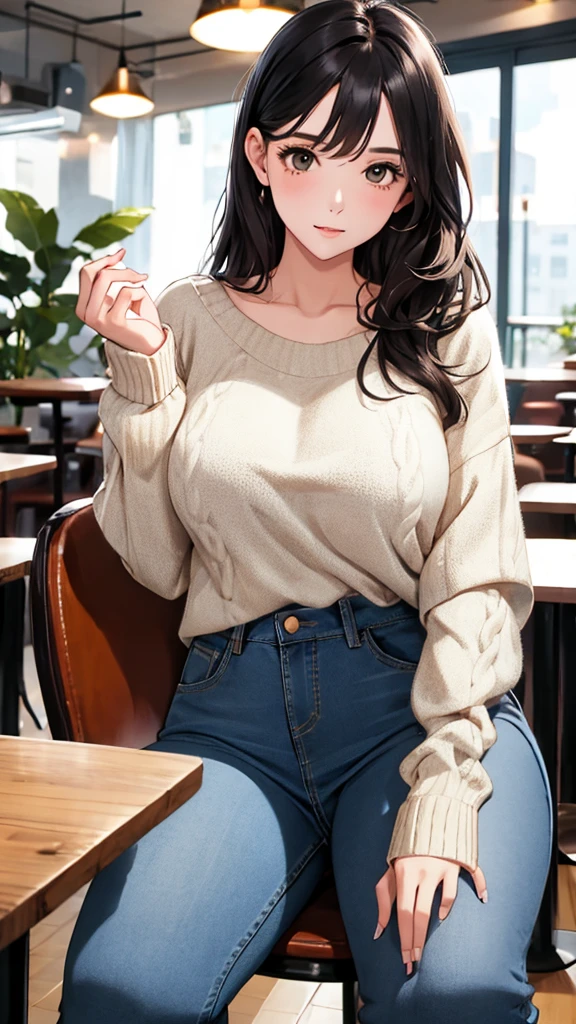 1 girl, alone, cafes, black hair,  sweater, jeans, sit on the chair, dynamic poses, Indoors, Large Breasts